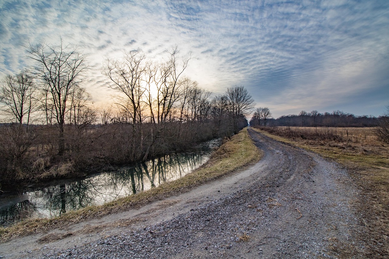Road, sky, sunset, waterway, gravel, curved, cirrocumulus, clouds, nature, park, path, field, country, sun, horizon, travel, landscape, indiana, parks, kankakee river, state park, indiana, indiana, in