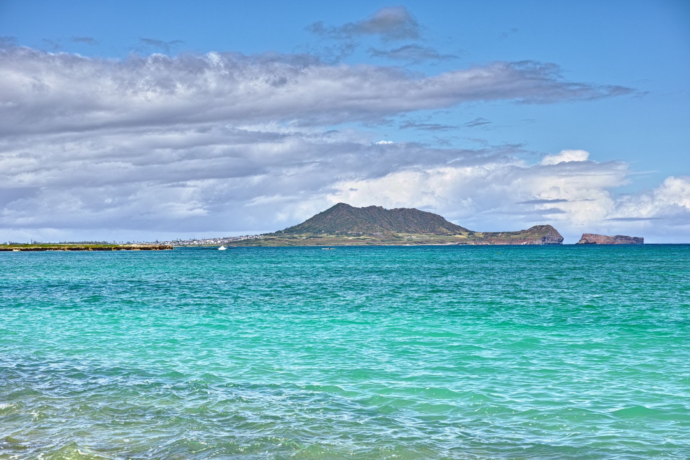 Turquoise Windward Oahu beach with an island offshore (Lanikai coast), near Kaneohe Bay