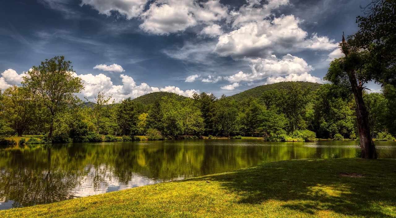 North carolina, america, lake, reflections, summer, forest, trees, woods, sky, clouds, mountains, hills, landscape, nature, outdoors, country, rural, wilderness, beautiful, panorama, north carolina, n