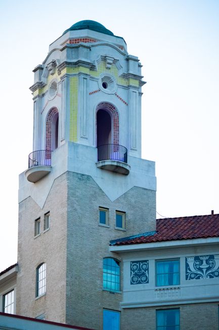 Beautiful historic tower showcasing unique architectural details in Hot Springs, Arkansas.