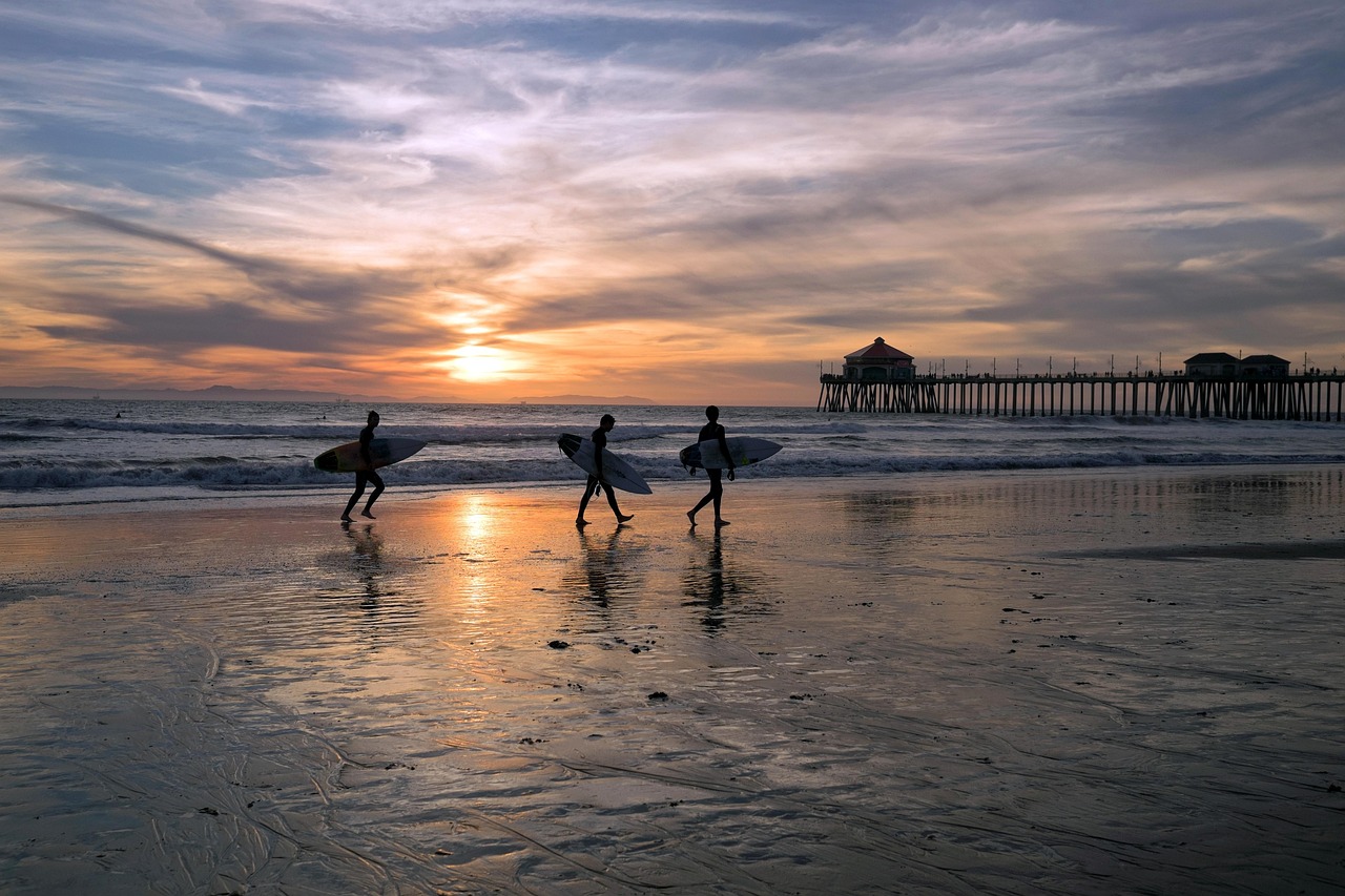 Surfer, huntington, beach, california, ocean, nature, sports, surfing, glow, sunset, waves, vacation