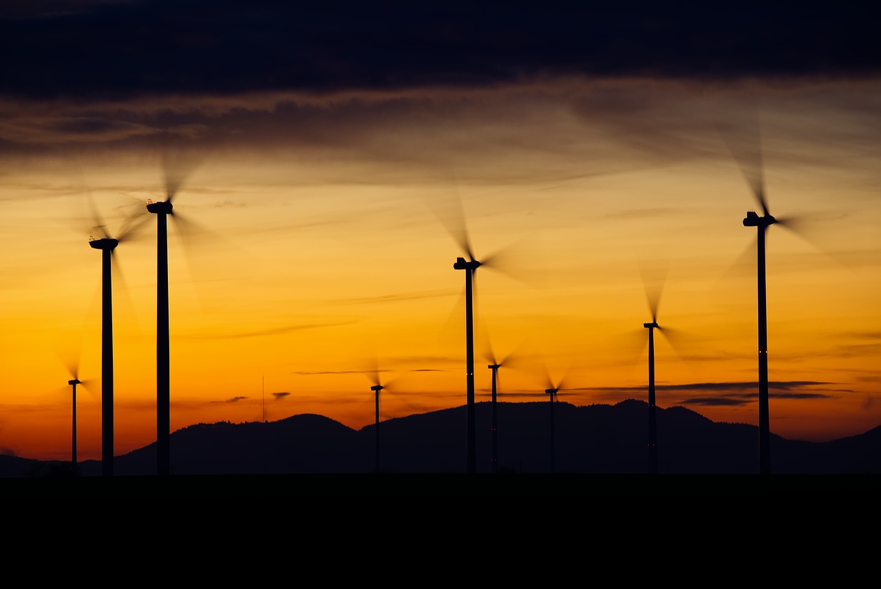 Wind turbines, silhouettes, sunset, nature, dusk, twilight, renewable energy, wind power, energy, blue, environmental technology, blue sky, rotor, power generation, wind energy, power supply, landscap