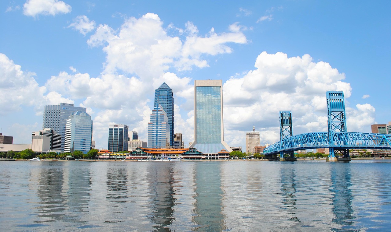 Jacksonville, florida, nature, bay, harbor, water, reflections, skyscrapers, buildings, architecture, urban, sky, clouds, summer, spring, skyline