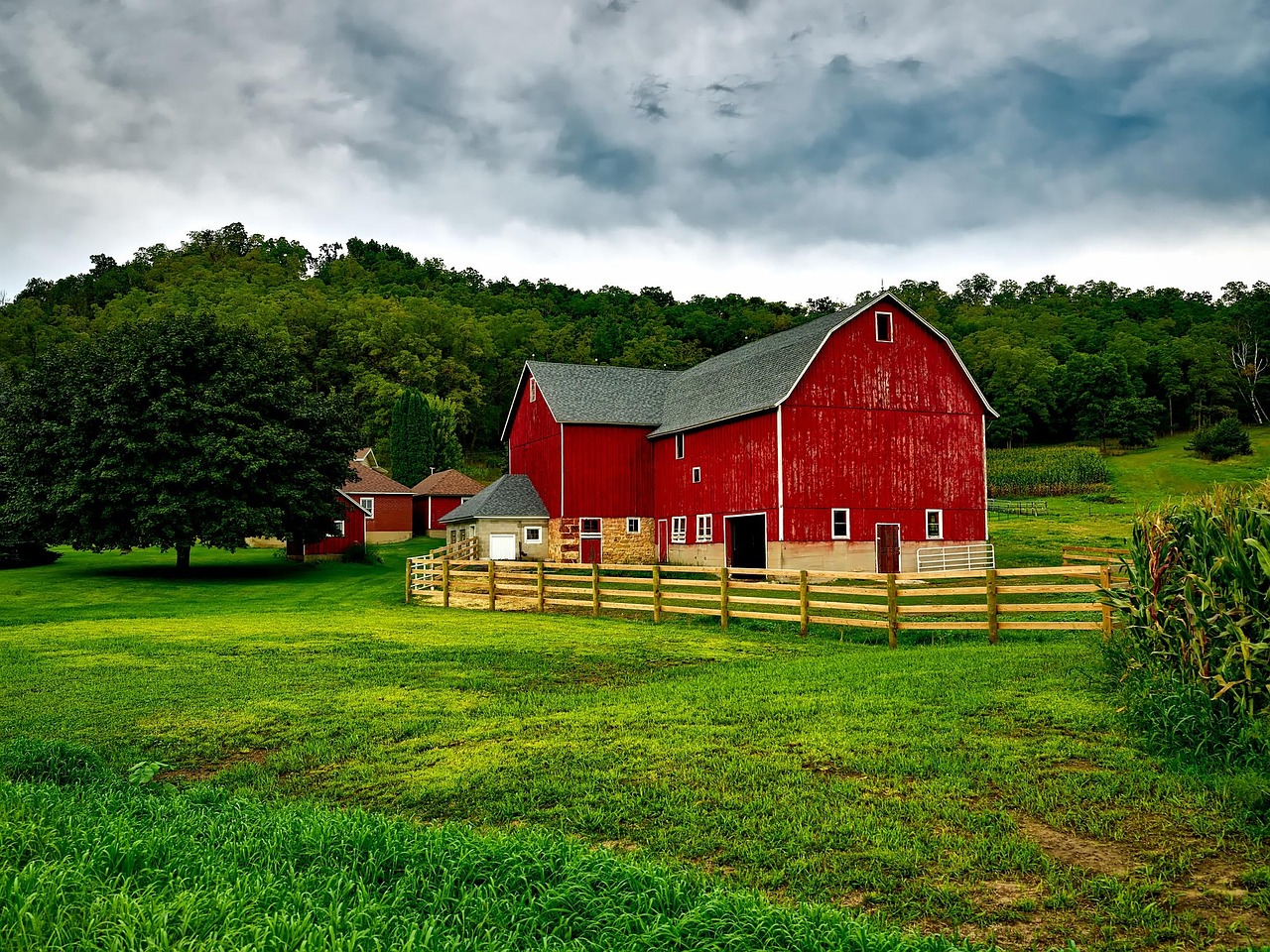 Wisconsin, farm, country, rural, landscape, sky, clouds, fence, nature, outdoors, forest, trees, woods, barn, red, fields, corn, agriculture, meadow, hdr, crop, green sky, green forest, green landscap
