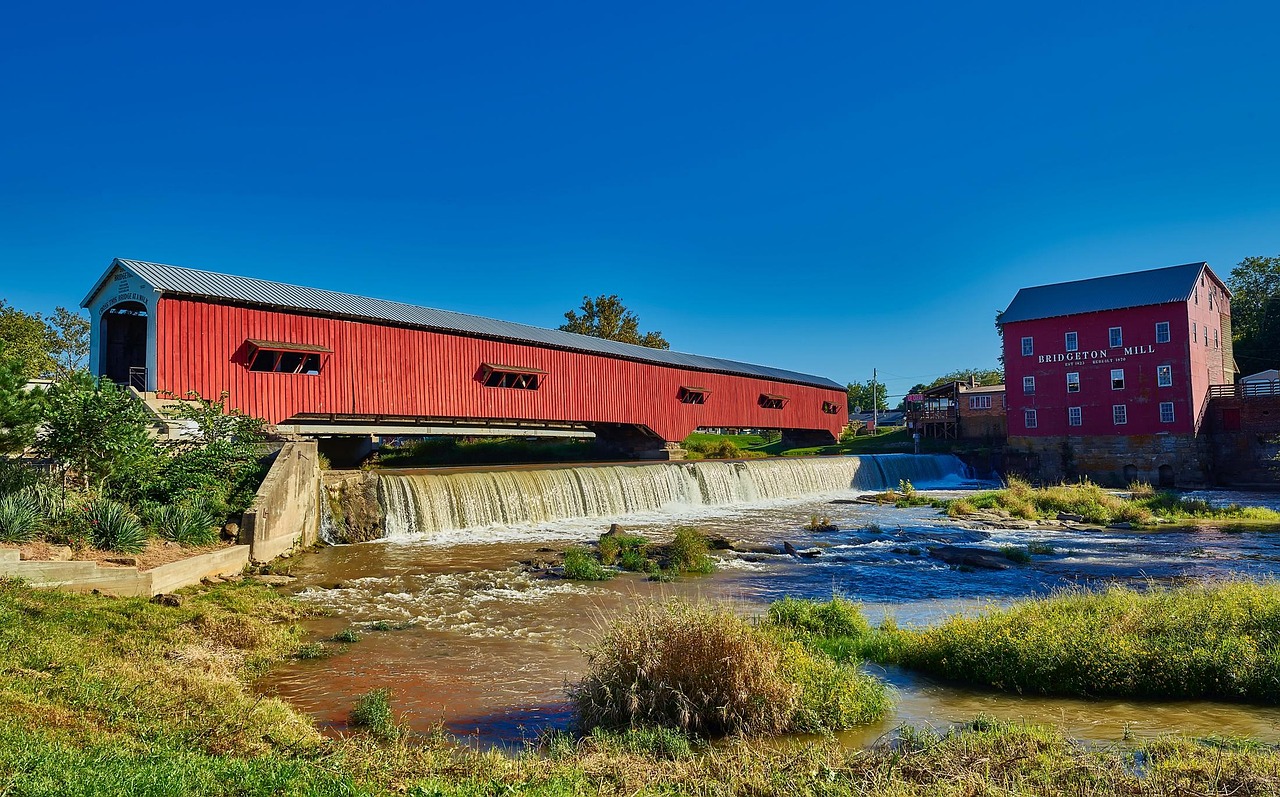 Covered bridge, bridgeton, indiana, landscape, red, stream, creek, dam, cascade, water, mill, landmark, nature, outdoors, country, rural, hdr, architecture, blue bridge, covered bridge, indiana, india