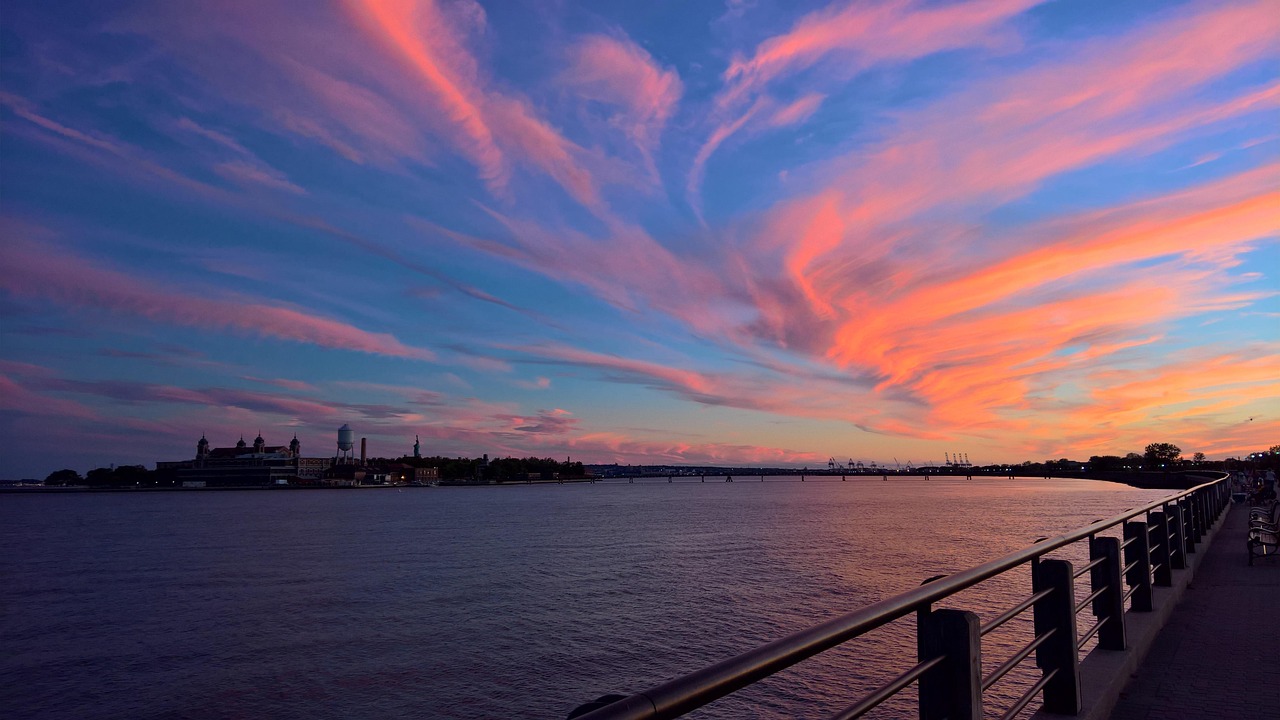 Sunset, nature, river, water, landscape, blue, twilight, scenery, city, United States, Jersey City, New Jersey