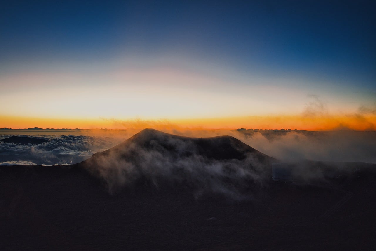Mauna kea, hawaii, mountains, landscape, clouds, sunset, evening glow, fog, adventure, nature, travel, summit, breathtaking, wide-angle, nature beauty, panorama, hiking, smoke, sky, orange sky, hills