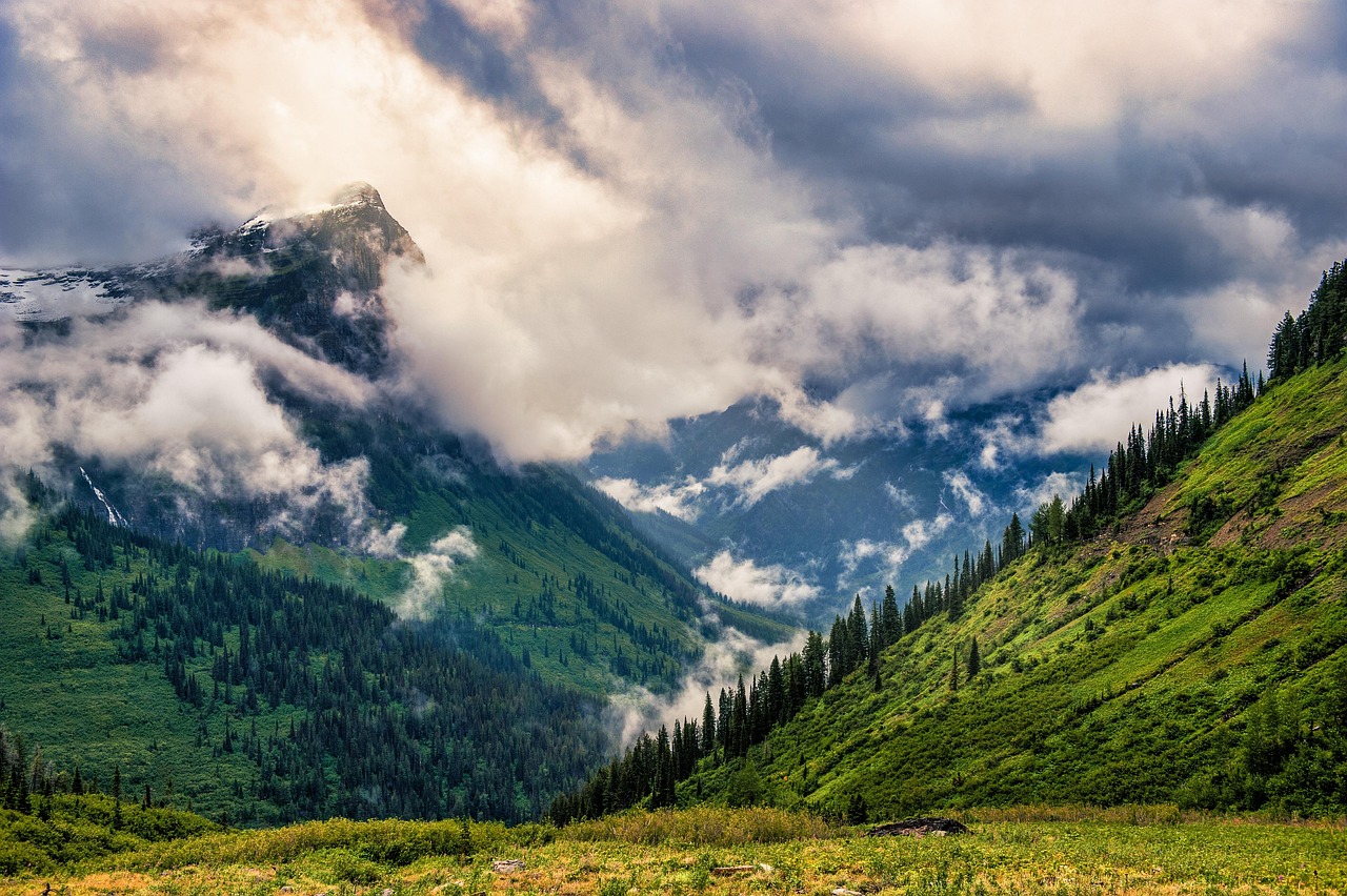 Mountains, nature, trees, scenic, clouds, glacier np, montana, landscape