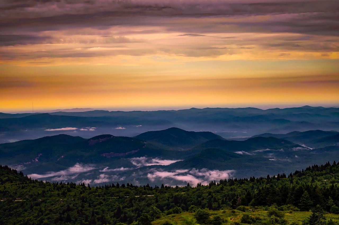 North carolina, mountains, sunrise, daybreak, fog, sky, clouds, forest, trees, woods, valley, ravine, nature, outdoors, beautiful, vista, country, rural, wilderness, hdr, north carolina, north carolin