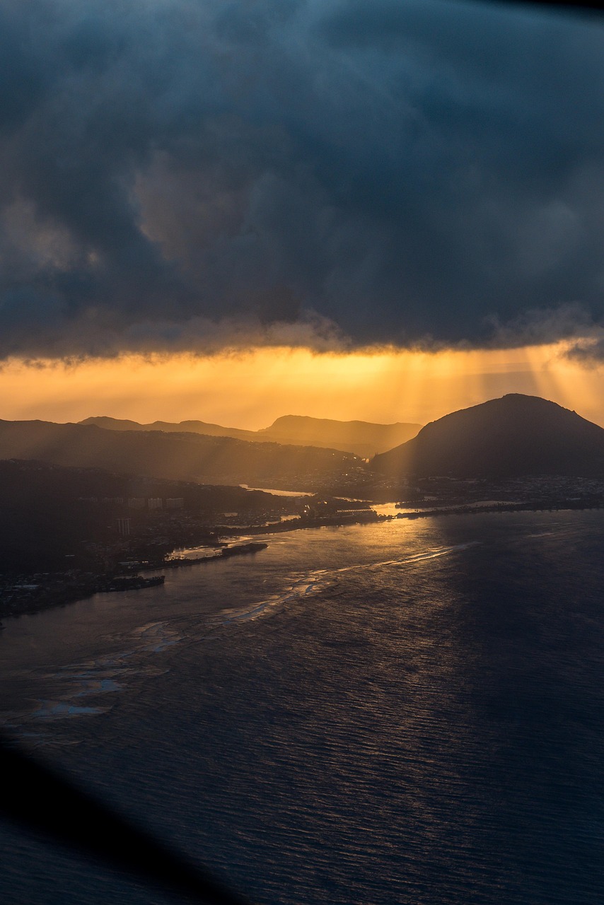 Hawaii, sunrise, helicopter, landscape, sun, nature