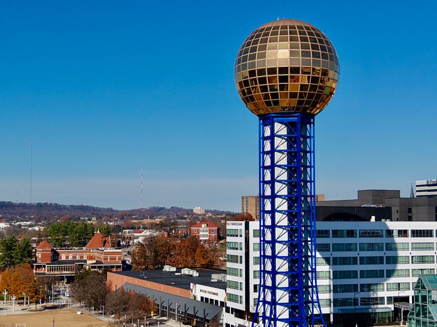 Aerial view of the iconic Sunsphere in Knoxville, Tennessee on a sunny day.
