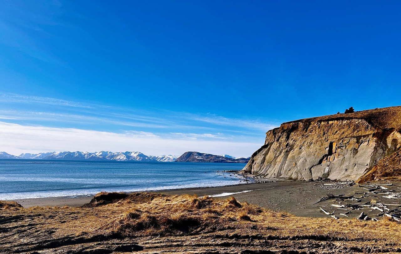 Beach, kodiak, island, ocean, alaska, nature, landscape, mountains, travel, water, clouds