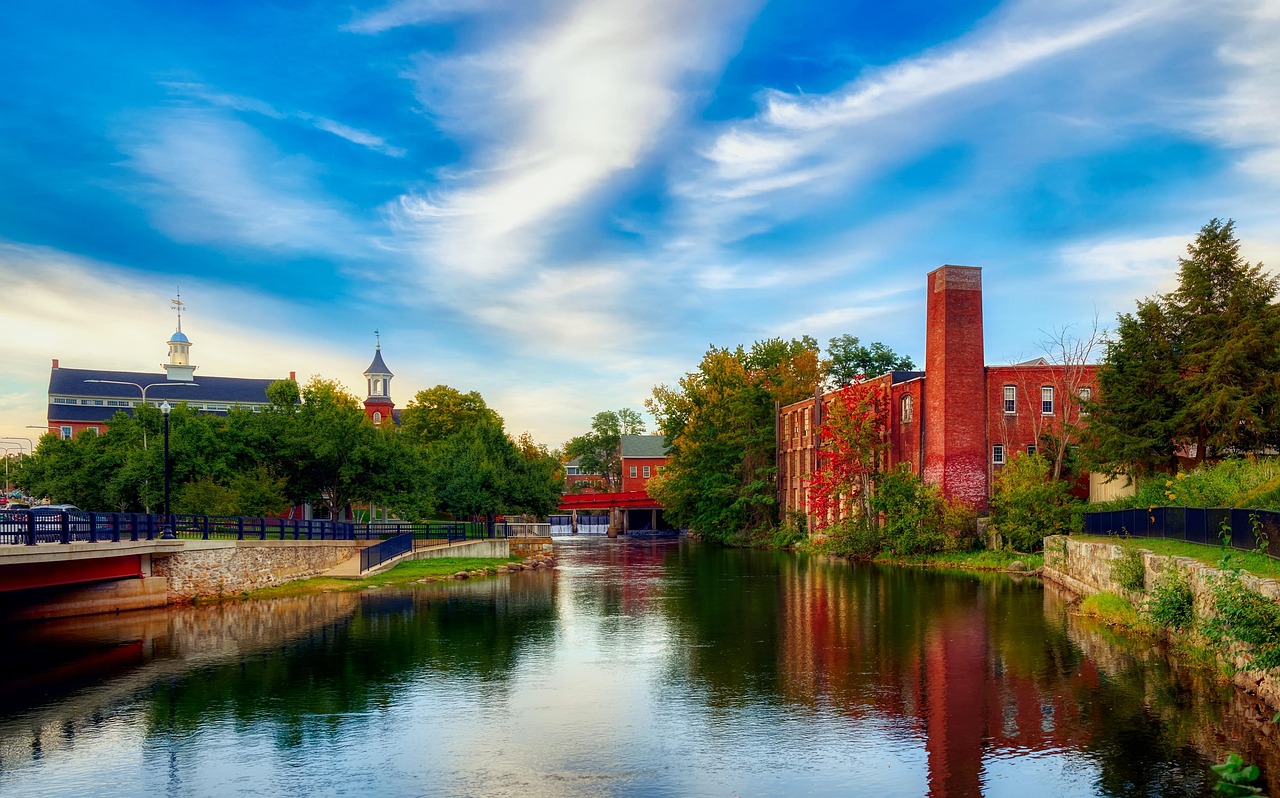 Laconia, new hampshire, america, river, reflections, sky, clouds, town, city, urban, buildings, hdr, panorama, mood, old mill, landmark, cityscape, scenic, riverbank, nature, outdoors, trees, fall, au