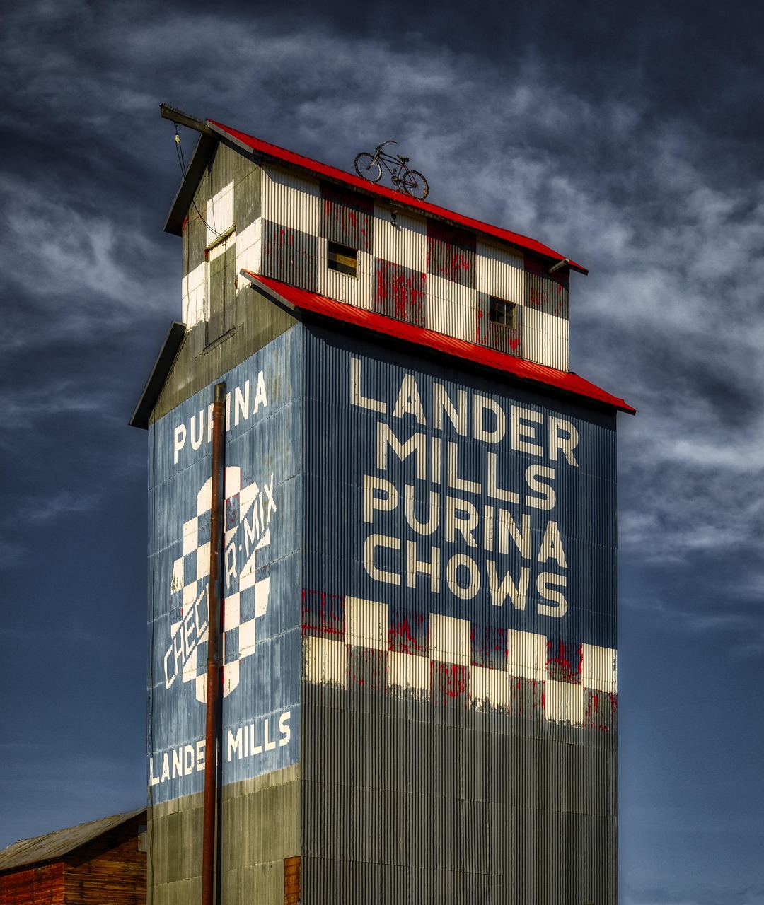 Landers mills, purina chows, sky, clouds, mood, grain storage, grain elevator, country, rural, agriculture, hdr, business, tower, wyoming, nature, america, farm, outdoors, blue farm