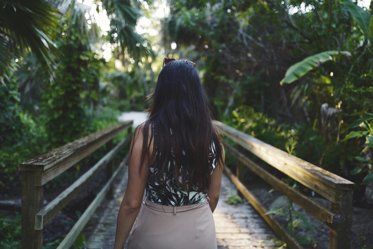 Forest, leaves, model, park, pathway, person, nature, plants, walkway, woman, wood, wooden bridge, wooden flooring, wooden handrail, United States, Florida, Largo