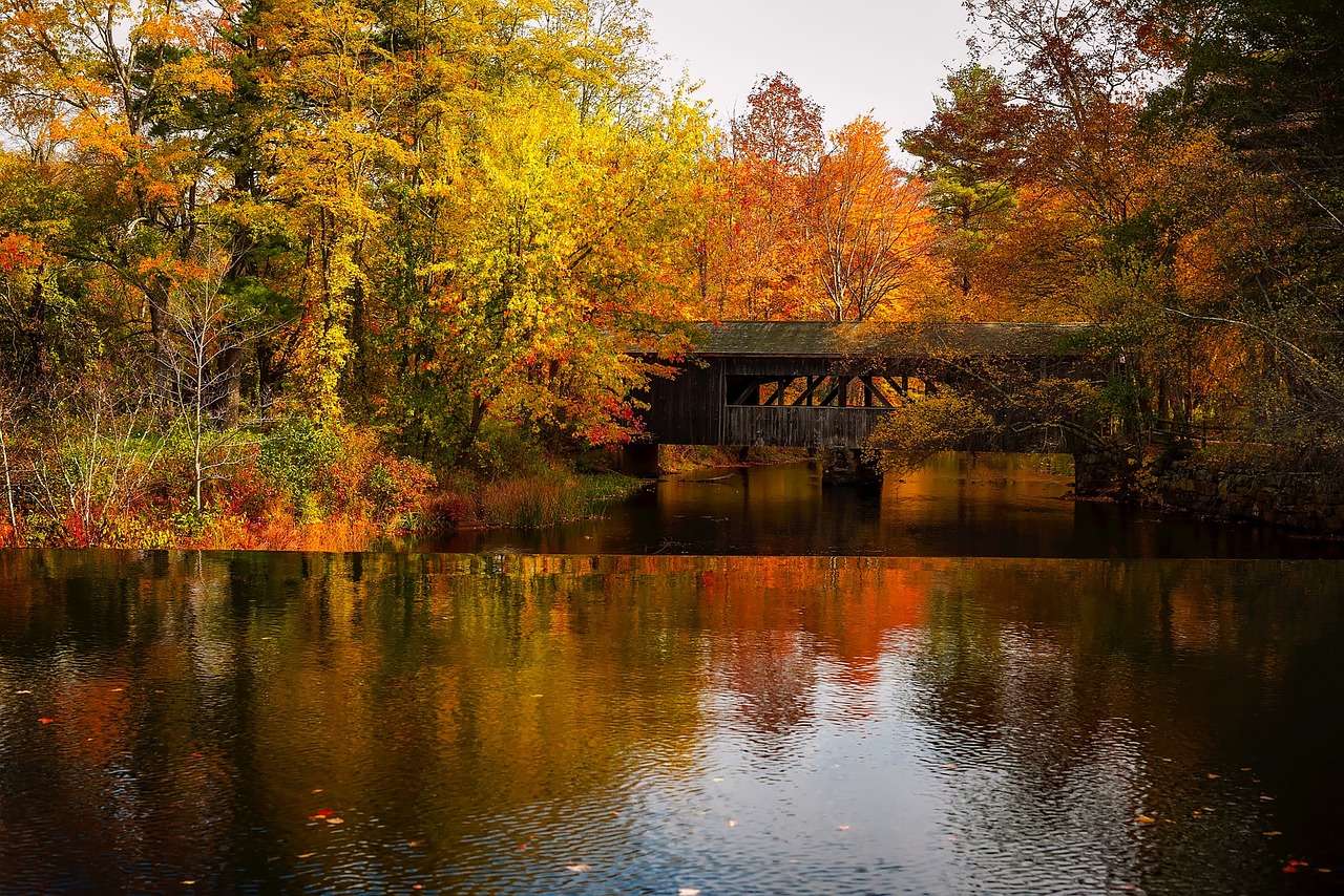 Massachusetts, lake, water, reflections, landscape, scenic, fall, autumn, colors, forest, trees, woods, nature, outdoors, country, rural, sky, clouds, beautiful, hdr, covered bridge, old, landmark, hi