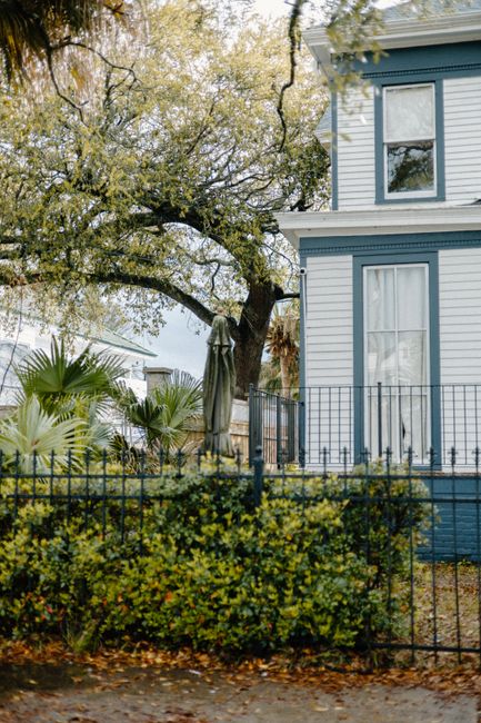 Quaint house facade in New Orleans, surrounded by lush greenery and classic architecture.