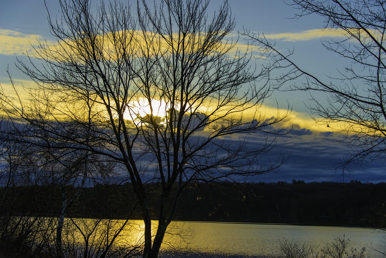 Water, nature, clouds, sunset, lake, landscape, waters, blue sky, outdoor, blue, reflections, sky, wet, mirroring, tree, outdoors, pond, yellow, orange, hopkinton, massachusetts