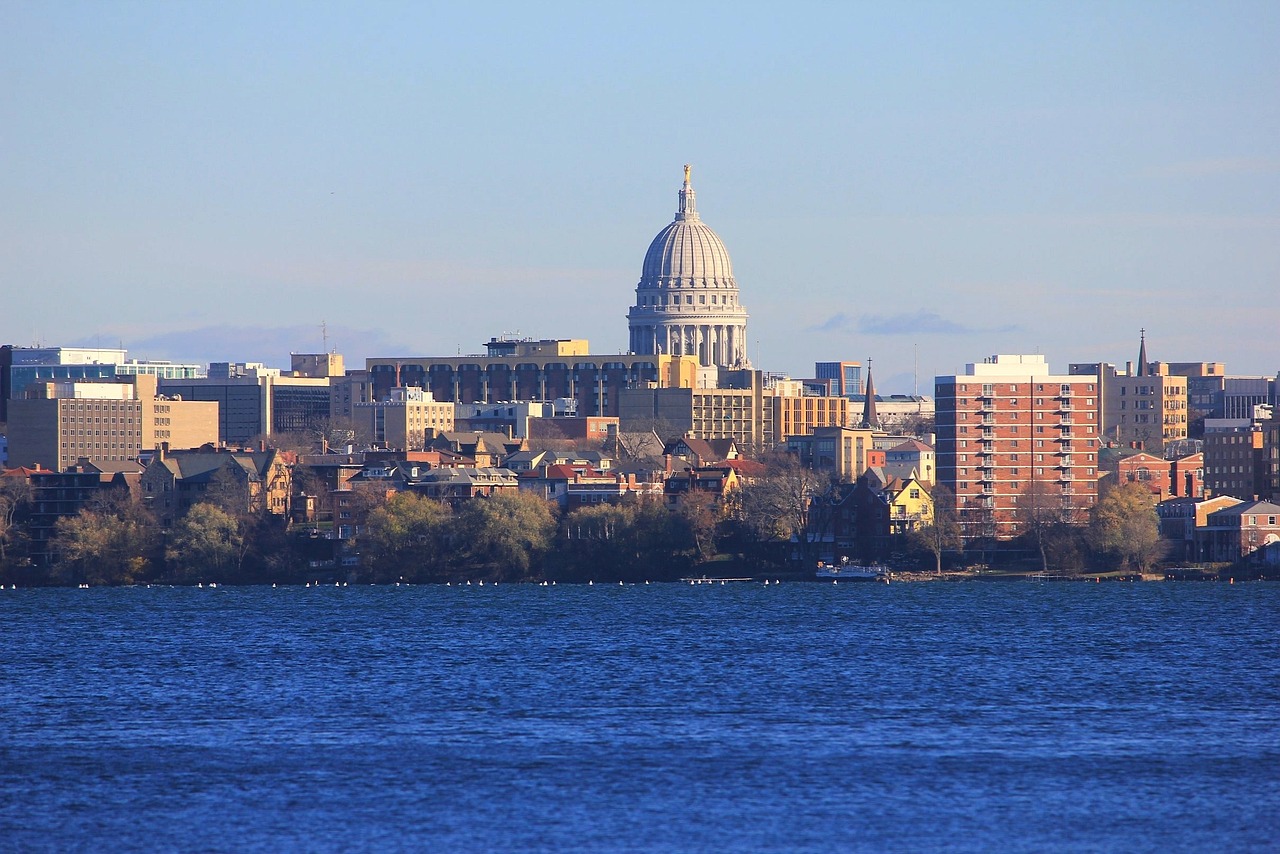 Madison, wisconsin, buildings, urban, skyline, architecture, capitol, sky, clouds, nature, lake, water, outside, shoreline, summer, spring