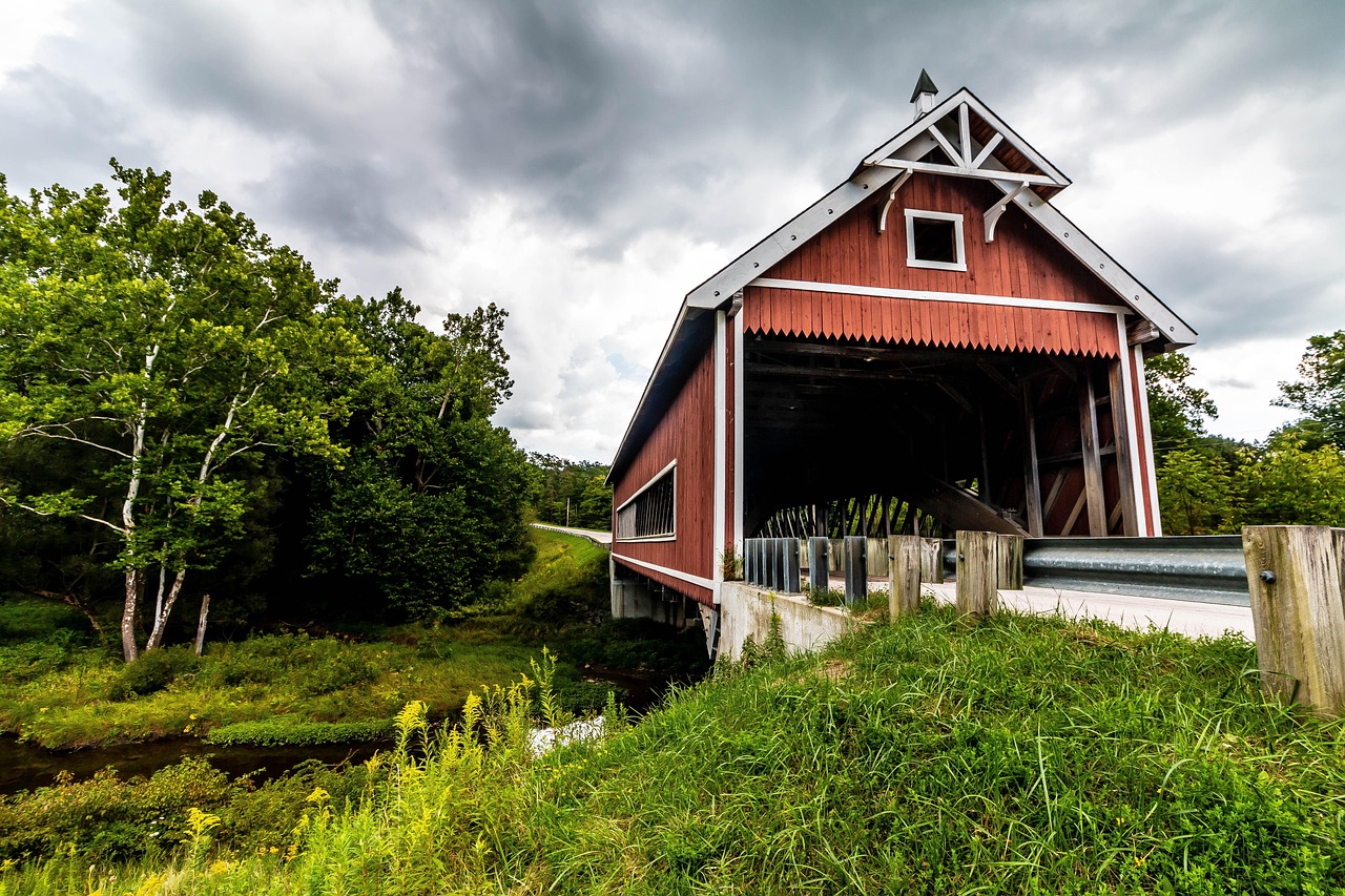 Bridge, covered bridge, landscape, atmosphere, landmark, architecture, trees, grass, green, ashtabula county, nature, ohio
