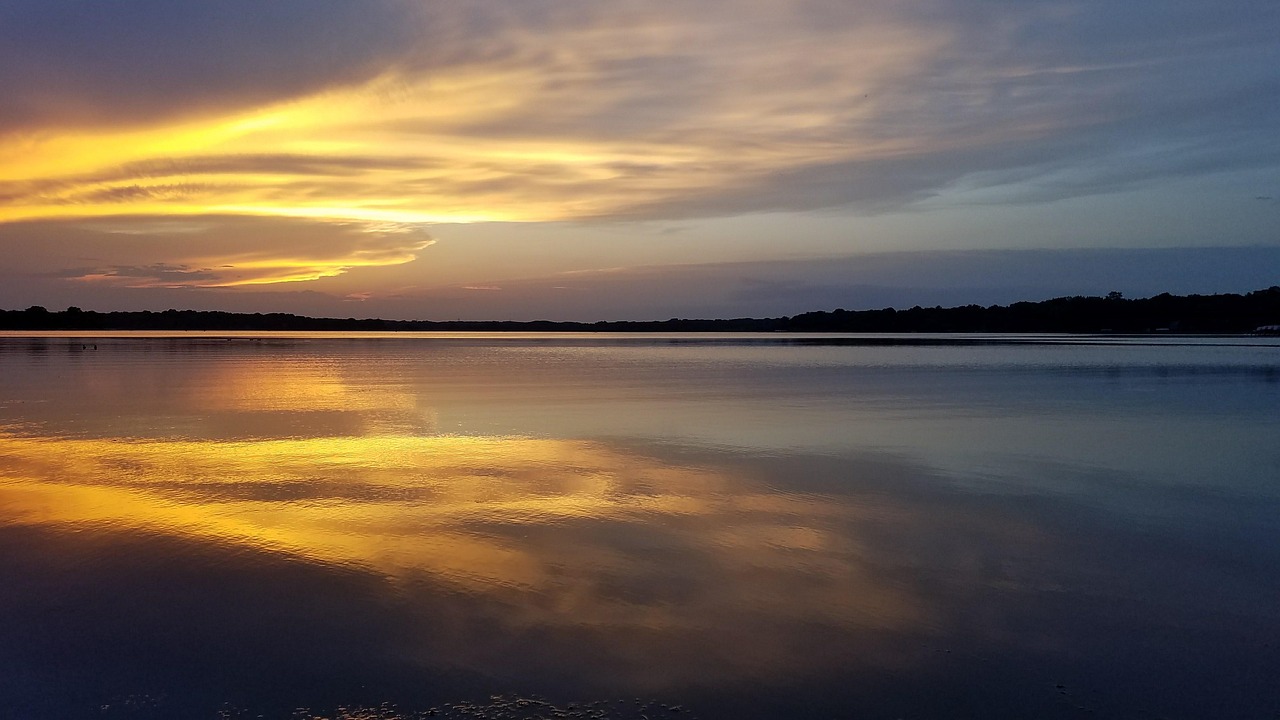 Sunset, lake, water, sky, nature, landscape, reflection, clouds, dawn, dusk, scenery, ocean, sea, waters, mirroring, tranquil, United States, Plymouth, Minnesota
