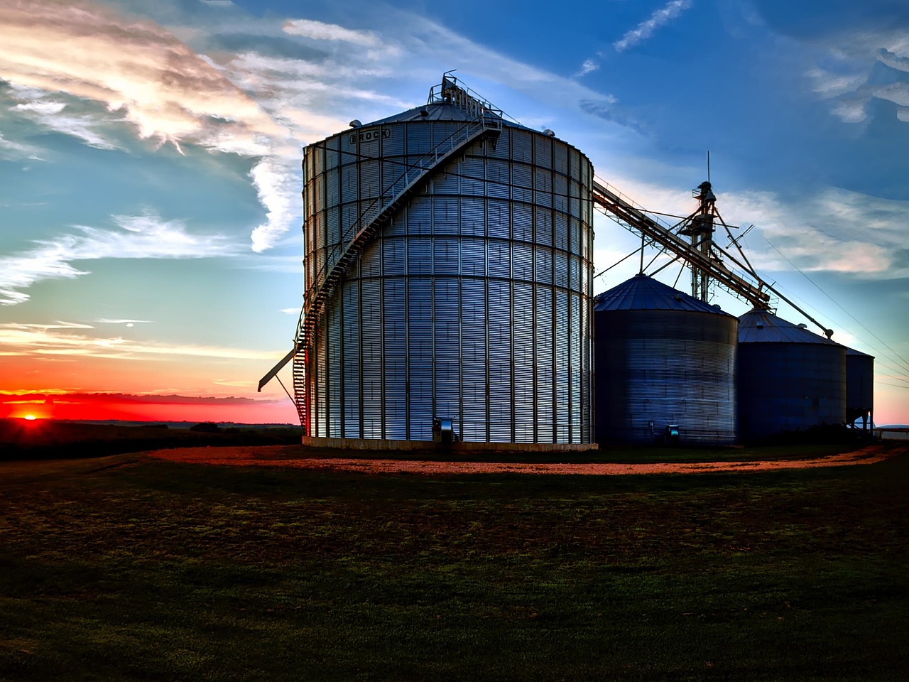 Iowa, farm, sunset, dusk, evening, sky, clouds, storage bins, silos, metal, buildings, landscape, scenic, reflections, nature, outdoors, country, rural, agriculture, iowa, iowa, iowa, iowa, iowa, silo