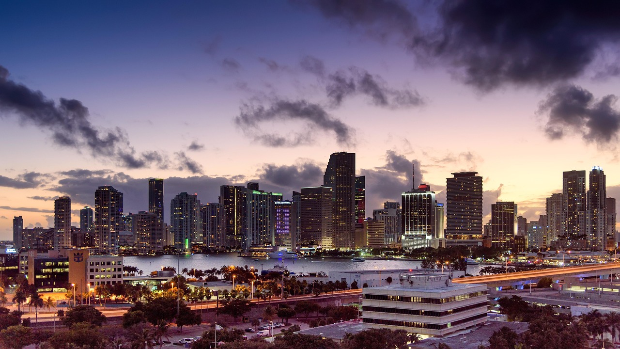 Miami, florida, sunset, skyline, architecture, scenery, cityscape, downtown, nature, building, urban, sky, skyscraper, city, clouds, tower, metropolis, scenic, United States, Florida, Miami