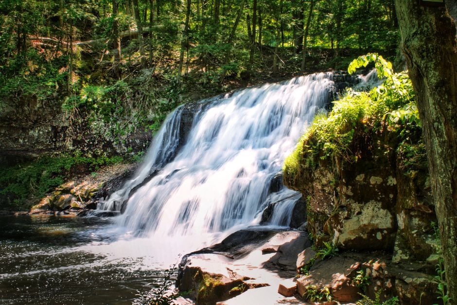 A serene waterfall cascades through a verdant forest in Middletown, Connecticut.