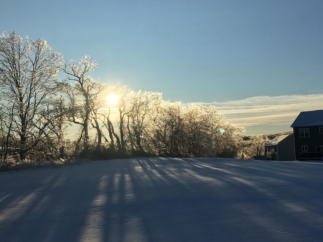 Sunset, winter, icy, ice storm, sparkle, brilliant, sky, sun, landscape, snow, tree, cold, frozen, trees, afterglow, evening, field, nature, blue storm, United States, Connecticut, Middletown