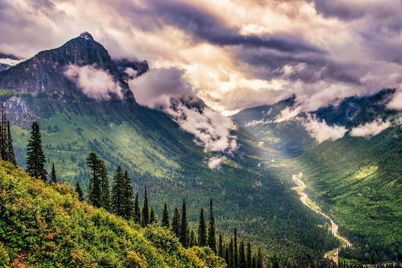 Mountains, trees, river, clouds, glacier np, montana, nature, scenic, landscape
