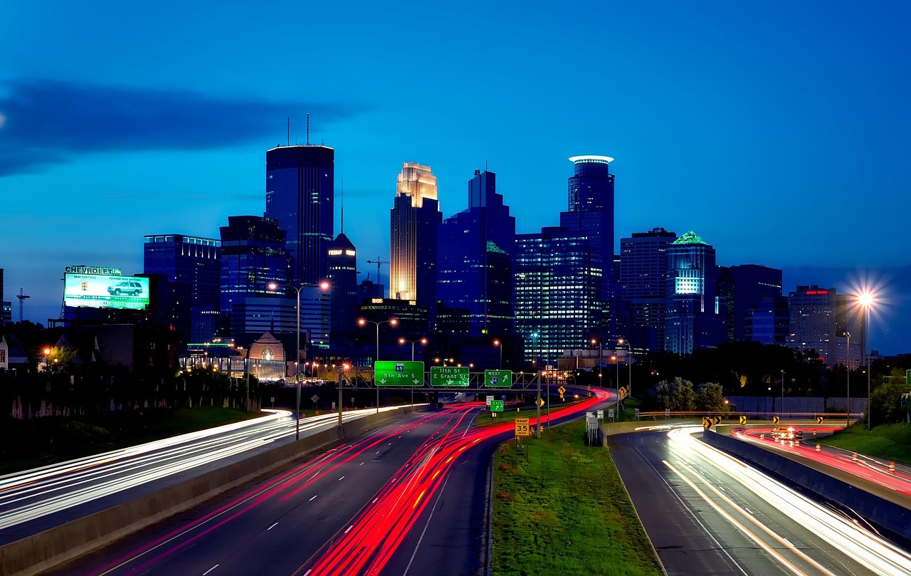 Minneapolis, minnesota, city, urban, buildings, nature, cityscape, skyline, architecture, silhouettes, sunset, dusk, evening, road, highway, sky, clouds, downtown, blue road