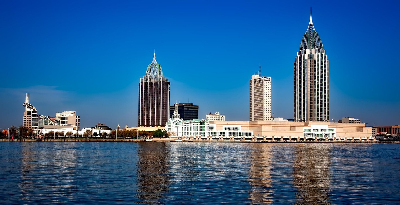 Mobile, nature, alabama, panorama, city, cities, urban, skyline, cityscape, bay, harbor, sea, ocean, reflections, hdr, architecture, sky, waterfront, scenic, rsa tower, blue mobile