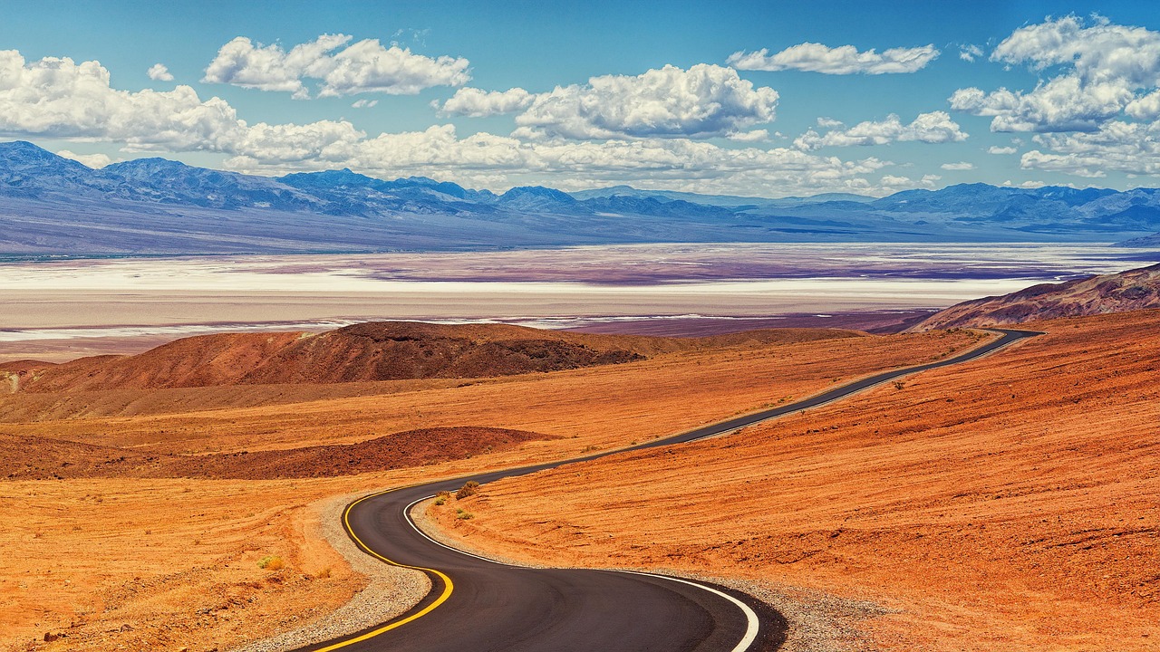Road, death valley, desert, mountains, nature, california, dry, panorama, path, goal, travel, clouds, america, west, landscape, road, death valley, desert, desert, desert, desert, california, goal, go