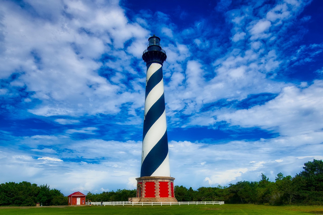Cape hatteras, lighthouse, landmark, historic, tourism, nautical, sky, clouds, landscape, scenic, nature, outdoors, country, rural, america, hdr, north carolina, outer banks, blue bank, cape hatteras,