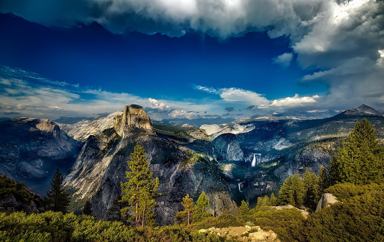 Mountains, clouds, trees, mountain ranges, mountainous, mountain landscape, mountain view, horizon, yosemite, national park, landscape, california, sky, woods, forest, woodlands, nature, valley, ravin