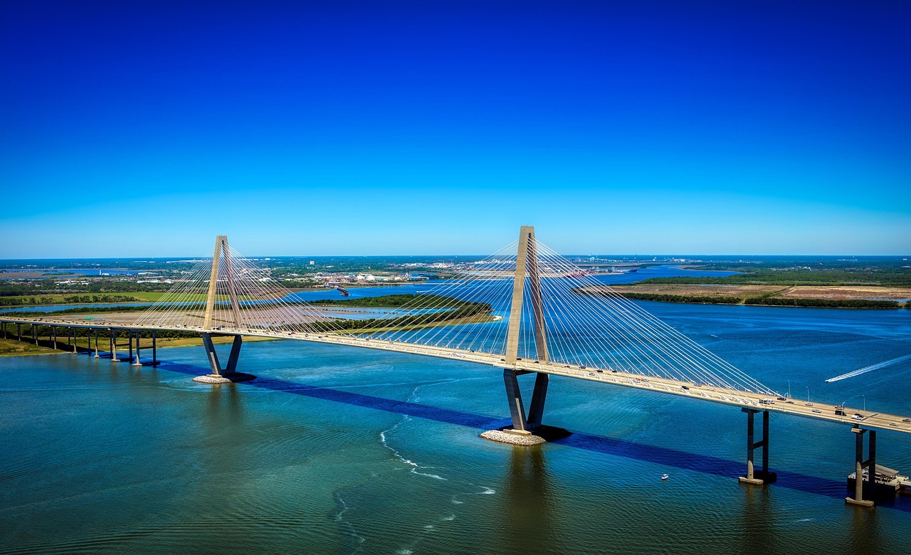 Ravenel bridge, architecture, cooper river, panorama, landmark, historic, charleston, south carolina, aerial view, america, suspension, travel, hdr, blue bridge, charleston, charleston, charleston, ch