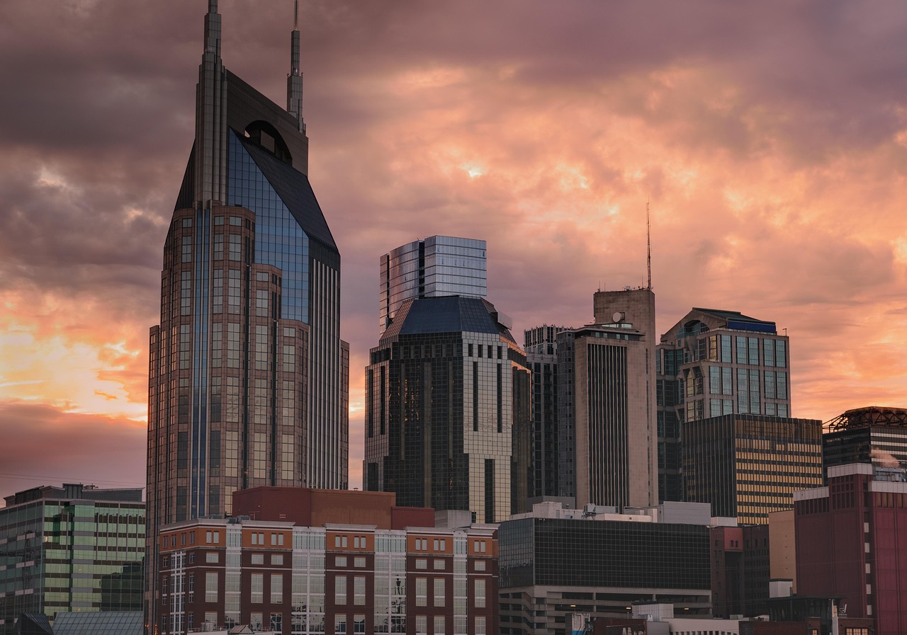 Cityscape, sunset, city, buildings, architecture, nature, sky, clouds, urban, skyscrapers, skyline, nashville, tennessee, usa