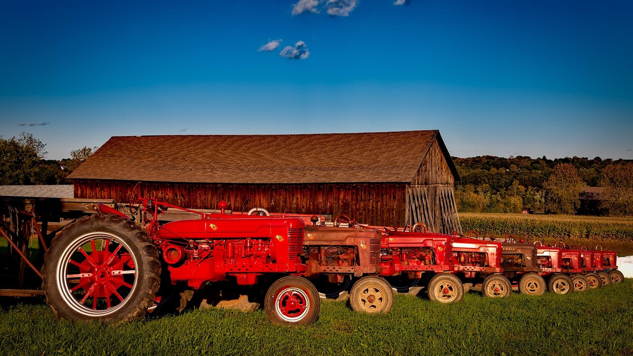 Farmall, tractors, vintage, antique, equipment, rural, red, nature, machinery, farm, tobacco barn, forest, trees, woods, landscape, sky, clouds, hdr, countryside, country, fall, autumn, foliage, conne