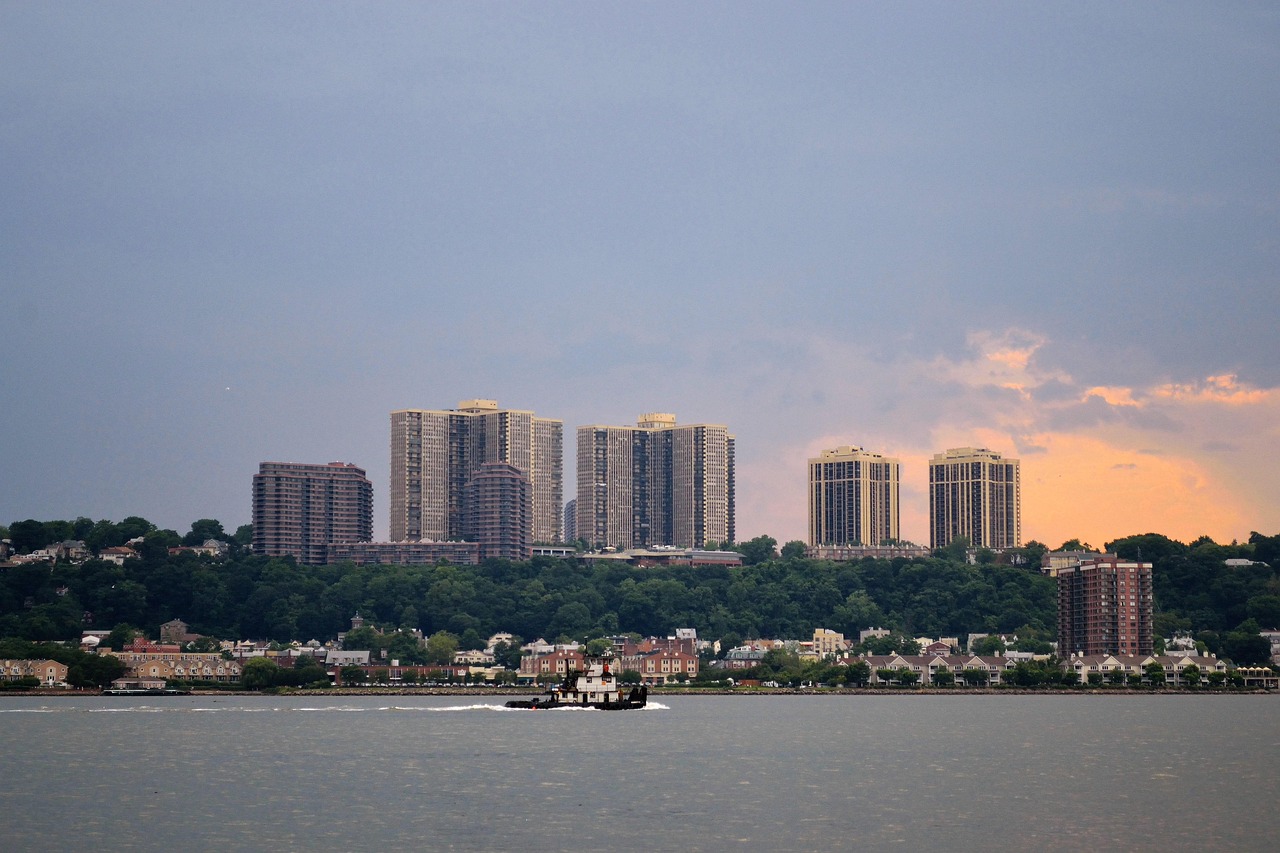 New jersey, shoreline, tug boat, buildings, houses, nature, treeline, urban, landscape, coast, sea, bay, harbor, sky