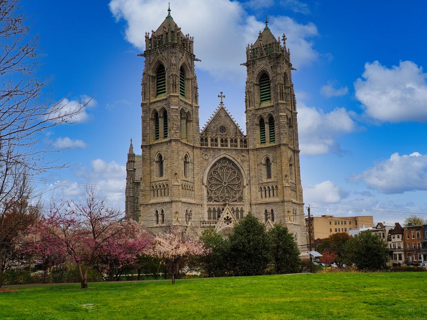 Beautiful frontal view of Cathedral Basilica of the Sacred Heart surrounded by blossoming trees in Newark, New Jersey.