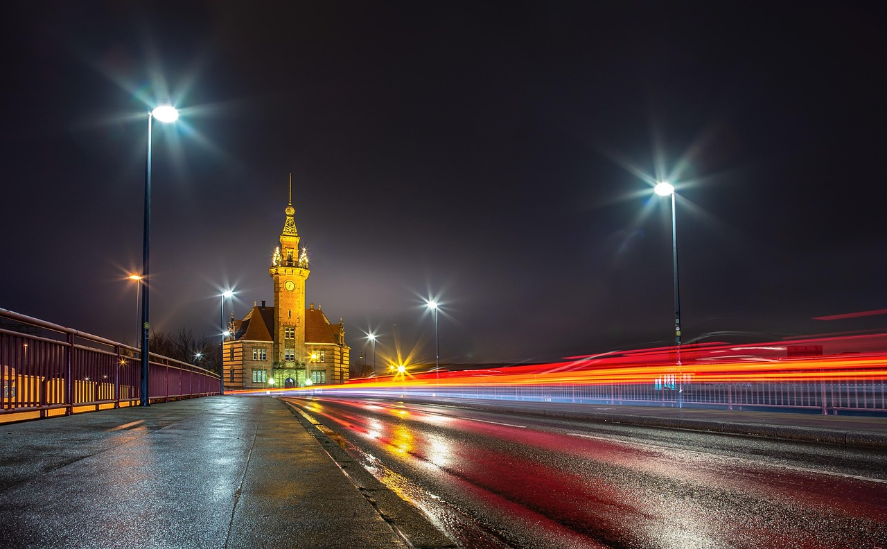 Night, road, architecture, port authority, dortmund, north rhine westphalia, city, traffic, lighting, building, advertising, dark, lantern, cityscape, light, blurred, skyline, downtown, dortmund, dort