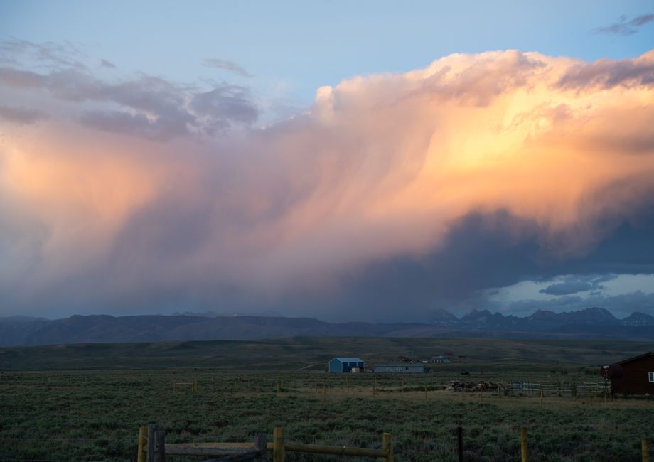 Stunning sunset cloud formation over a rural landscape near Pinedale, Wyoming.