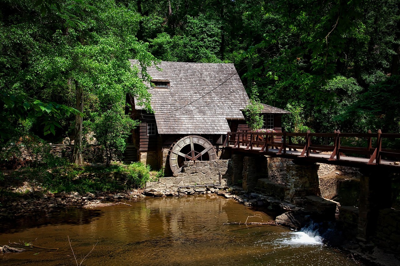Mill house, alabama, landscape, forest, trees, woods, country, rural, old, building, structure, creek, stream, water, dam, pedestrian bridge, hdr, landmark, historic, picturesque, summer, nature, outd