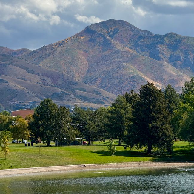 Beautiful mountain landscape with lake and park in Utah during fall.