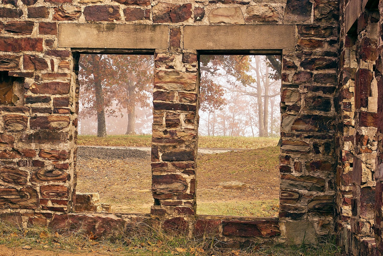 College lodge ruin, fog, ruin, petit jean, state, park, arkansas, landscape, ruins, mood, stone, mountain, trees, old, mist, forest, building, magic, mysterious, college lodge, ymca, nature, brown mou
