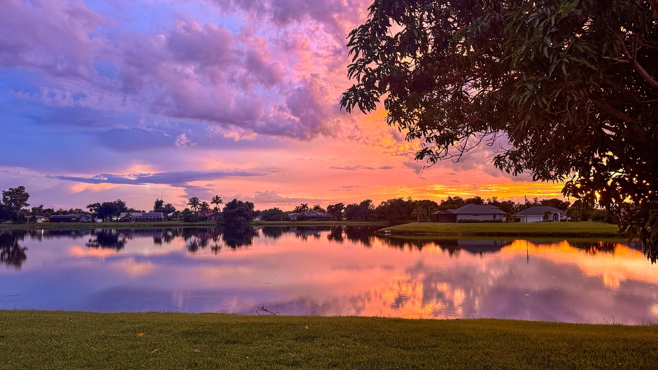 Sky, clouds, sunset, reflection, lake, nature, landscape, United States, Florida, Harbour Heights