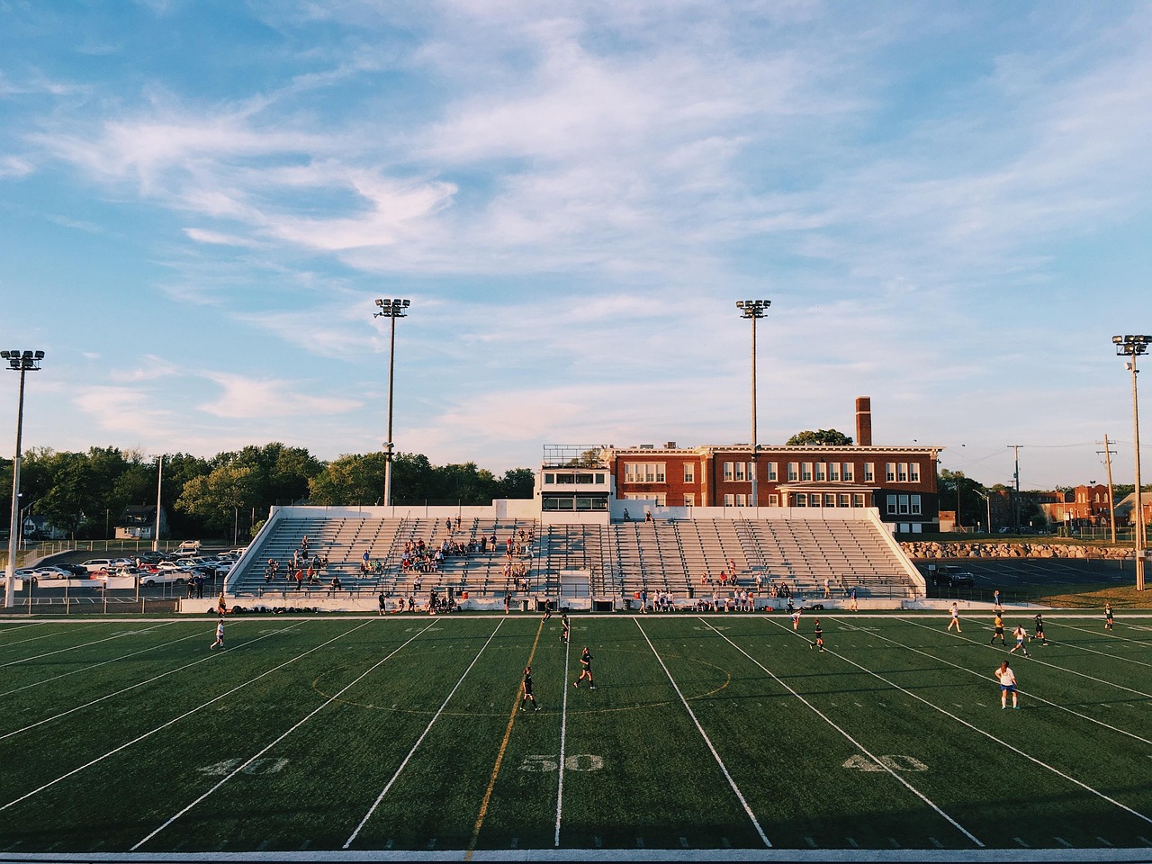 Athletes, nature, bleachers, field, sky, sport, sports field, stadium, United States, Michigan, Pontiac