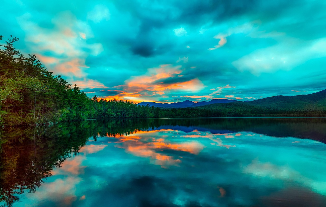 Chocoura lake, new hampshire, america, new england, sky, clouds, sunset, dusk, evening, reflections, landscape, scenic, nature, outdoors, tourism, forest, trees, woods, country, rural, hdr, beautiful,