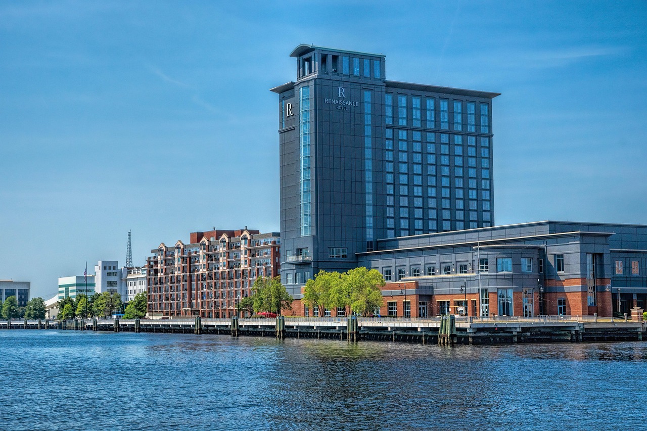 Portsmouth, city, dock, port, waterfront, water, nature, bay, sea, hotel, buildings, skyline, downtown, urban, tourism, virginia