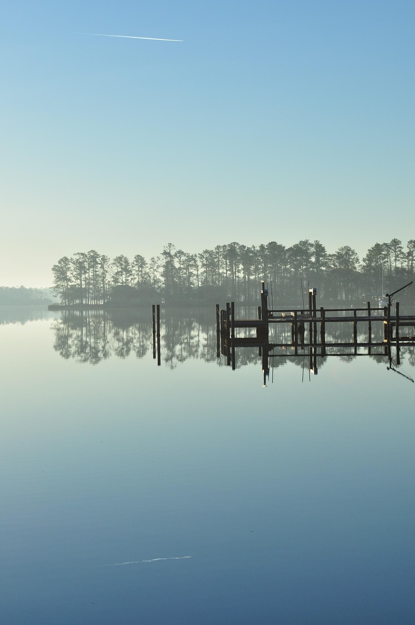 Lake, reflection, north carolina, river, water, scenic, fog, blue sky, calm, nature, blue calm